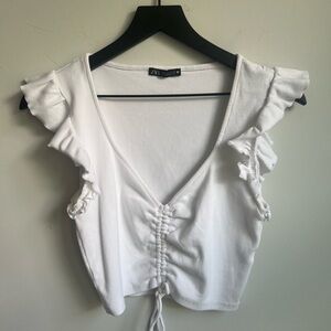 Zara White Ruffled Crop Blouse with‎ Tie Front